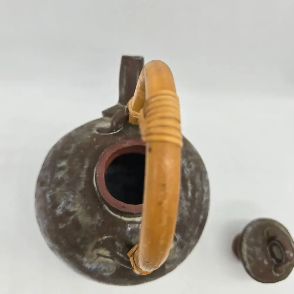 Vintage Hand Thrown Bamboo Handle Teapot Retro Blue and Brown Artist Signed